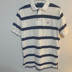Vintage Polo by Ralph Lauren Men's Blue and White Striped Polo Shirt